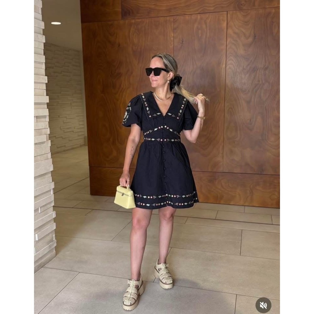 Caroline Constas Black Embroidered Floral Puff Sleeve Mini Dress NWT Size 6 - Picture 2 of 6